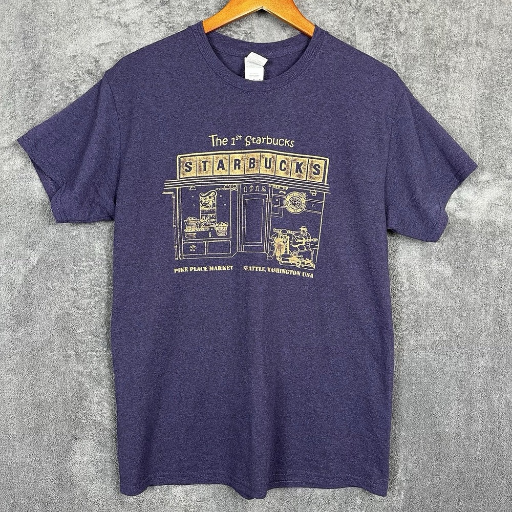 "1st Starbucks" Pike Place Market Seattle Graphic TShirt Blue Unisex *Men M*